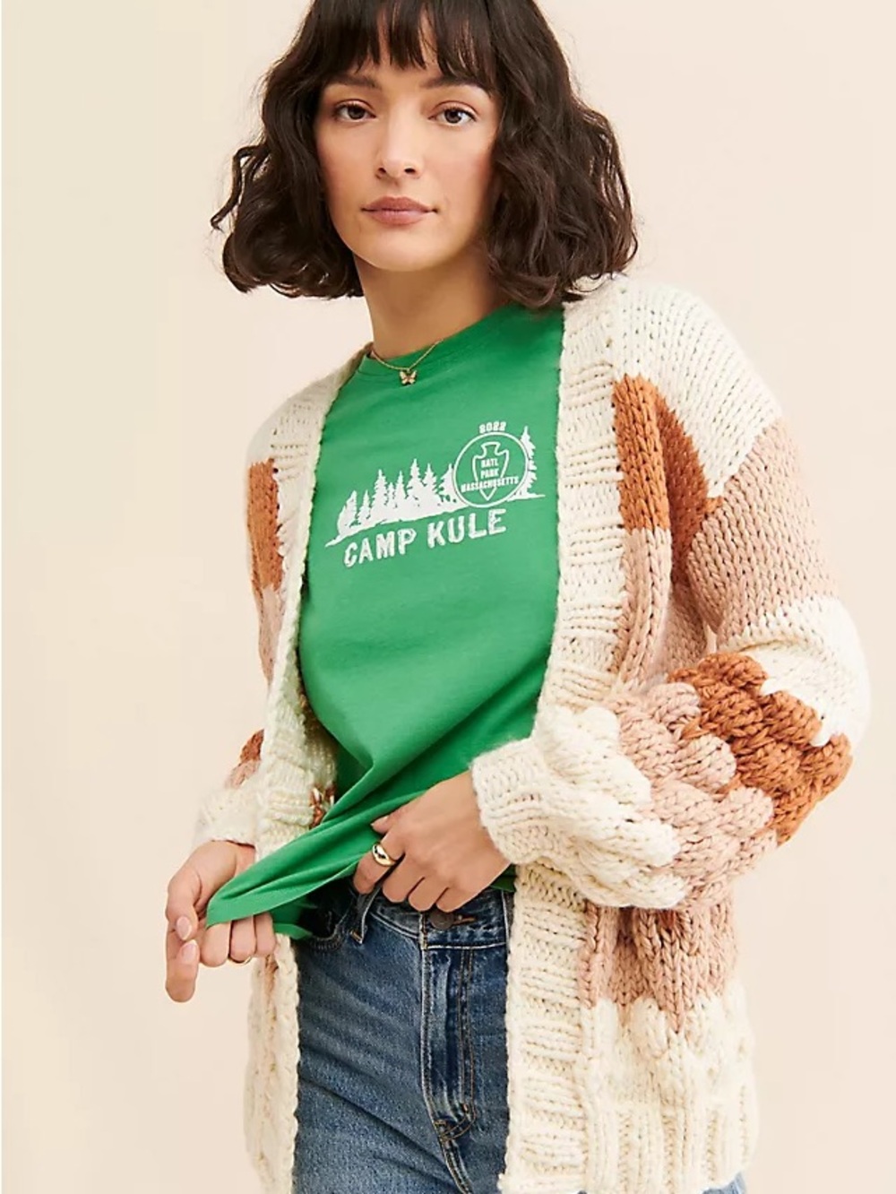 ANTHROPOLOGIE M Sadie & Sage Textured Stripe Sweater Chunky Cable Knit Cardigan